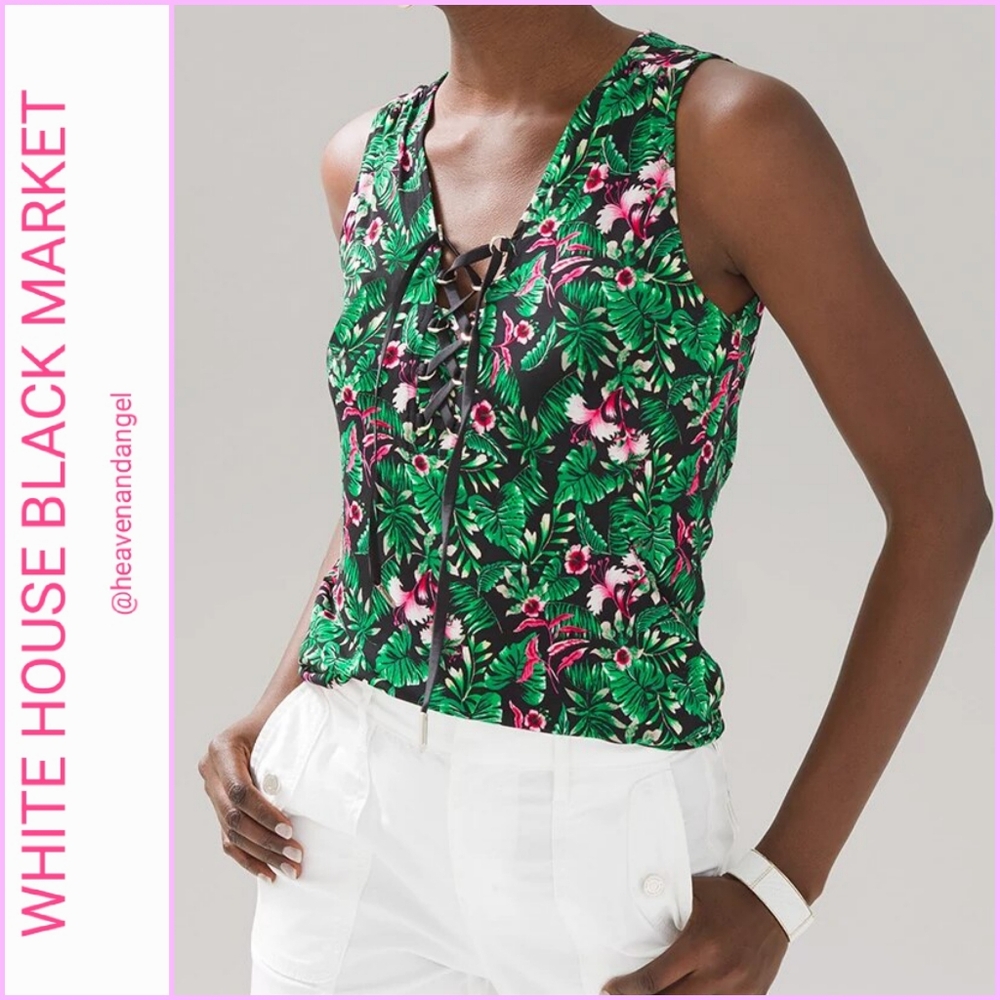 WHBM Matte Jersey Lace Up Tank Top - Tropical Lush Floral